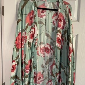 Mint Kimono with coral and pink floral.
